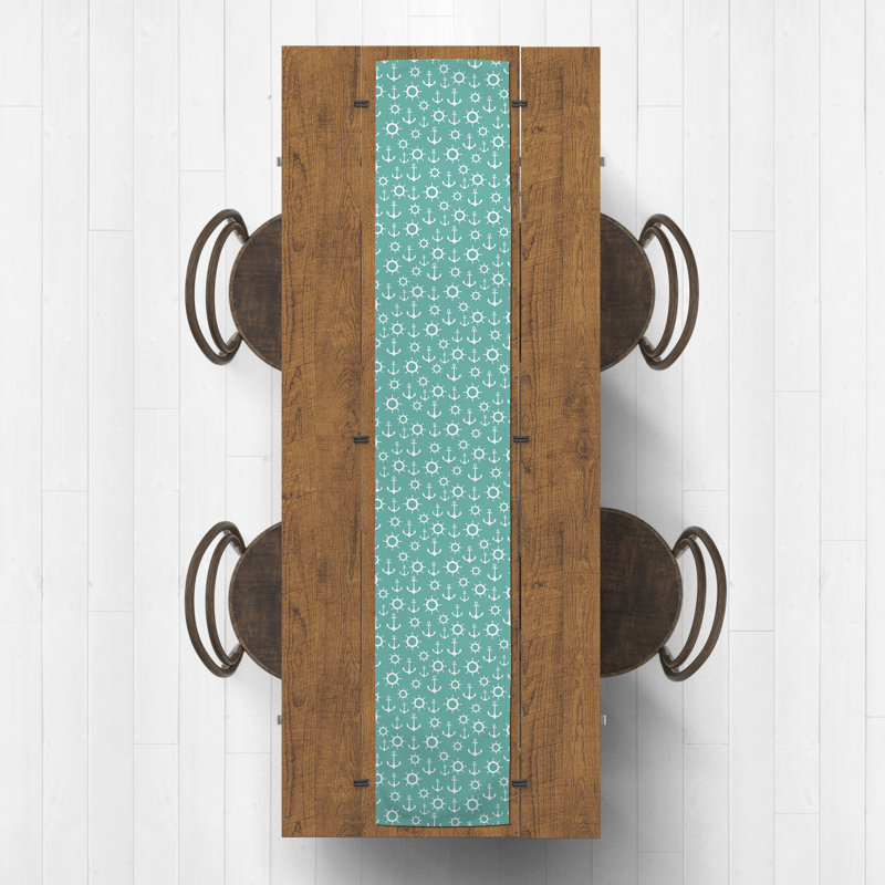 Athos Rectangle Polyester Table Runner, 90" x 16", Teal/White