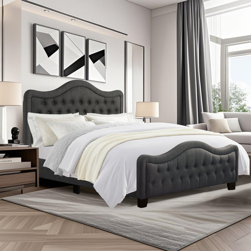 Upholstered Polyester Tufted Button Adjustable Height Headboard with Footboard, Black, King