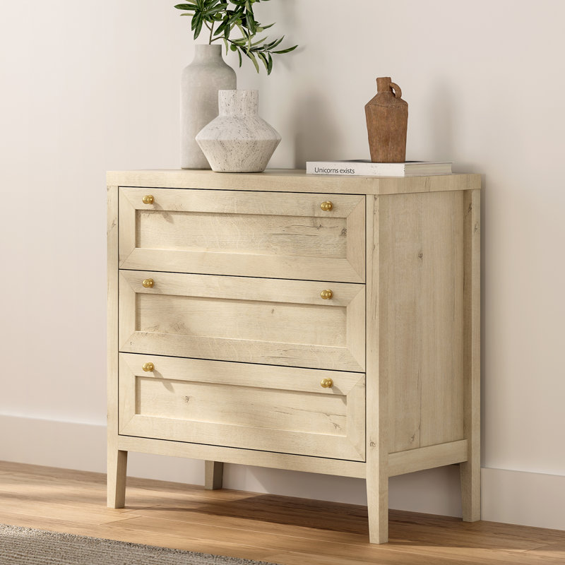 Commode 3 tiroirs avec poignées dorées, armoire de rangement moderne pour chambre à coucher, salon, vestibule, Chêne clair