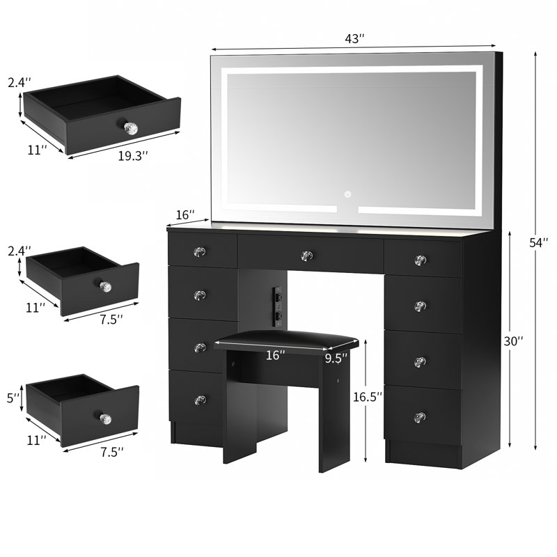 Vanity Set With LED Mirror & Power Outlets, 9 Drawers with Diamond Handles