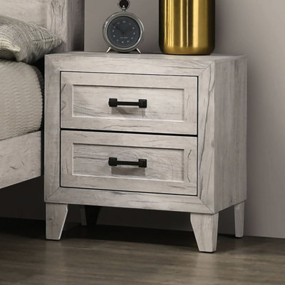 Contemporary Style White Washed Nightstand With 2 Drawers, Black Metal Handles, French Drawer, Easy To Put Together, 21.5"W X 16.5"D 23.5"H Bedside Design, Finish, Bar Pulls, Center Glide, Simple