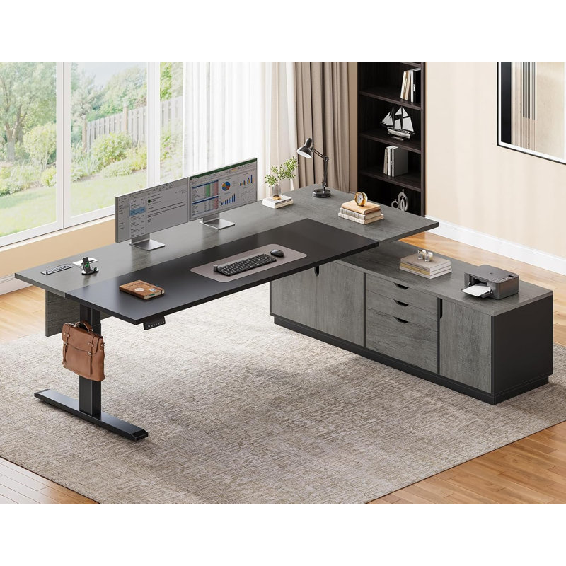 Bureau de direction électrique en L Executive, bureau de direction réglable en hauteur de 71 po x 55,1 po, Brun / Gris