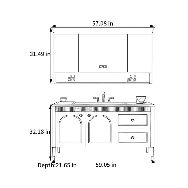 Armoire de salle de bain française de style rétro français, 59"