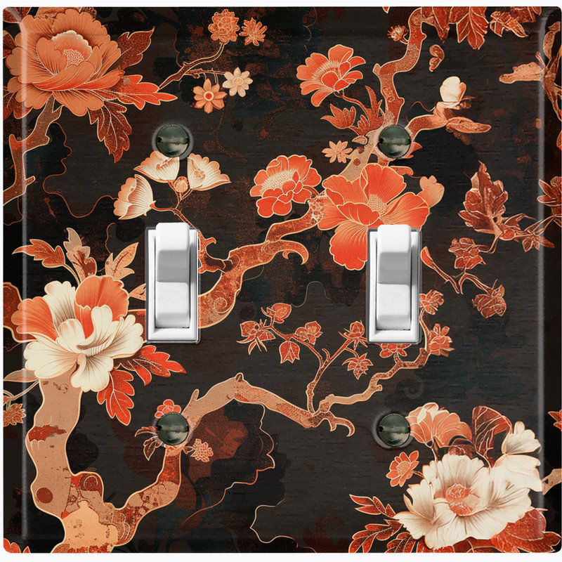 Couvercle de plaque d'interrupteur en métal; Bascule de taille standard US 2 - Art floral asiatique traditionnel, Double # 2