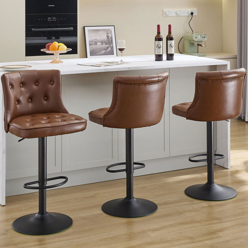 Faux Leather Swivel Adjustable Height Bar Stool with Backs Set of 3, Brown, 3
