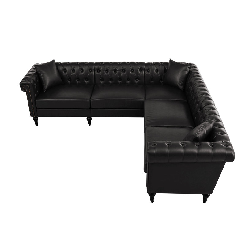 Canapé modulaire en L de luxe avec garniture cloutée Chesterfield, Similicuir noir