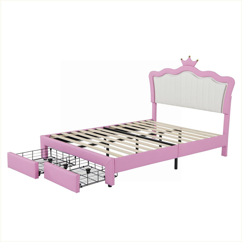 Lit plateforme tapissier en similicuir, lit double de style princesse avec lumières DEL intégrées et tiroirs de rangement, rose et blanc doux