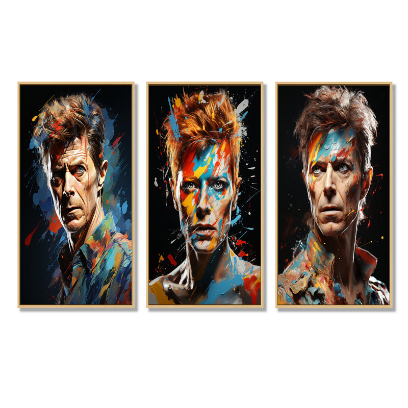 «Paint Fusion David Bowie Portrait I», ensemble de 3 impressions sur toile Pop Art, Cadre flottant brun, H 40 po x l 60 po