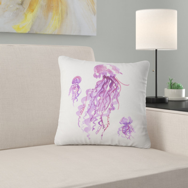 Aquarelle de méduse mauve - coussin imprimé animal, 18 po x 18 po, Coussin décoratif