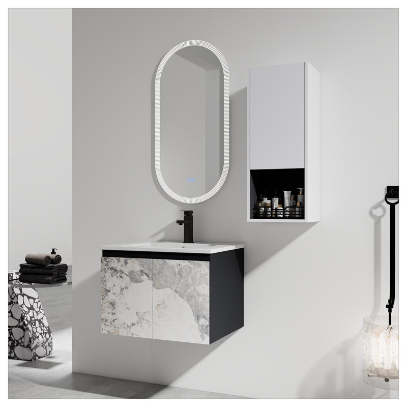 Meuble-lavabo mural 24 po avec lavabo en céramique et armoire d'appoint 24 po noir ou blanc