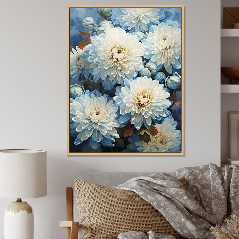 Blue and White Mum Flowers Canvas Print with Maple Frame