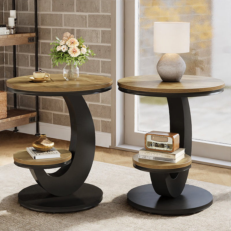Ensemble de 2 tables de bout rondes à 2 niveaux, Light Brown