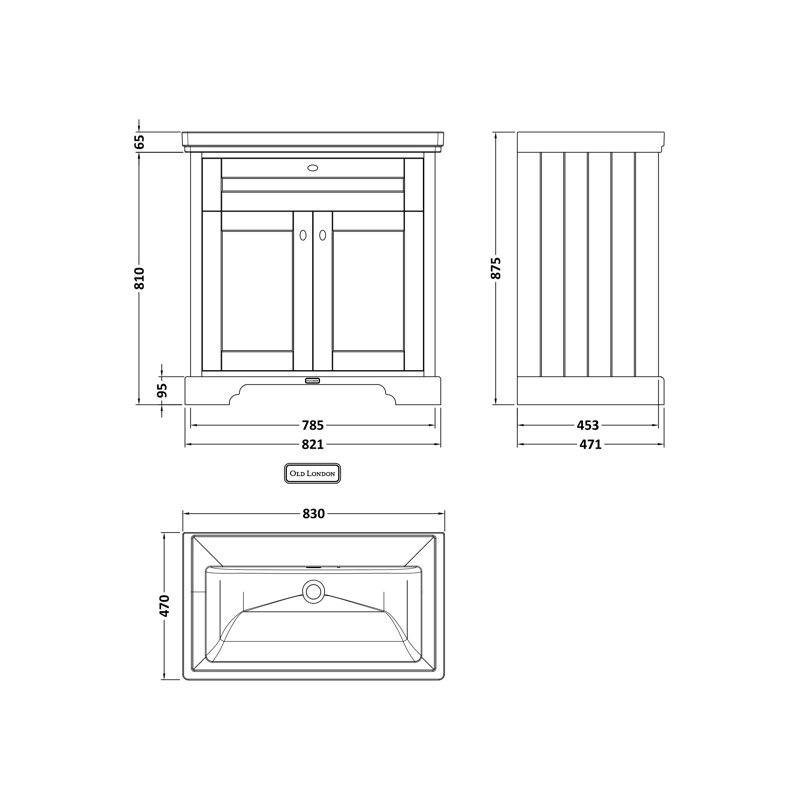 Old London 830mm Single Bathroom Vanity with Integrated Fireclay Basin, Grey