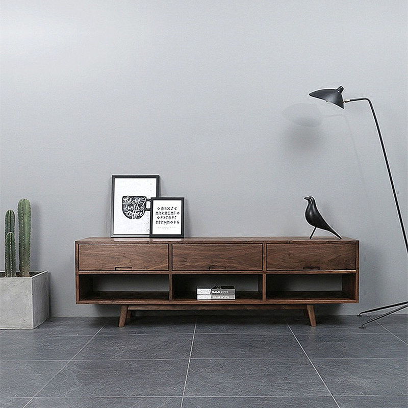 Cabinet audiovisuel noir avec tiroir en noyer