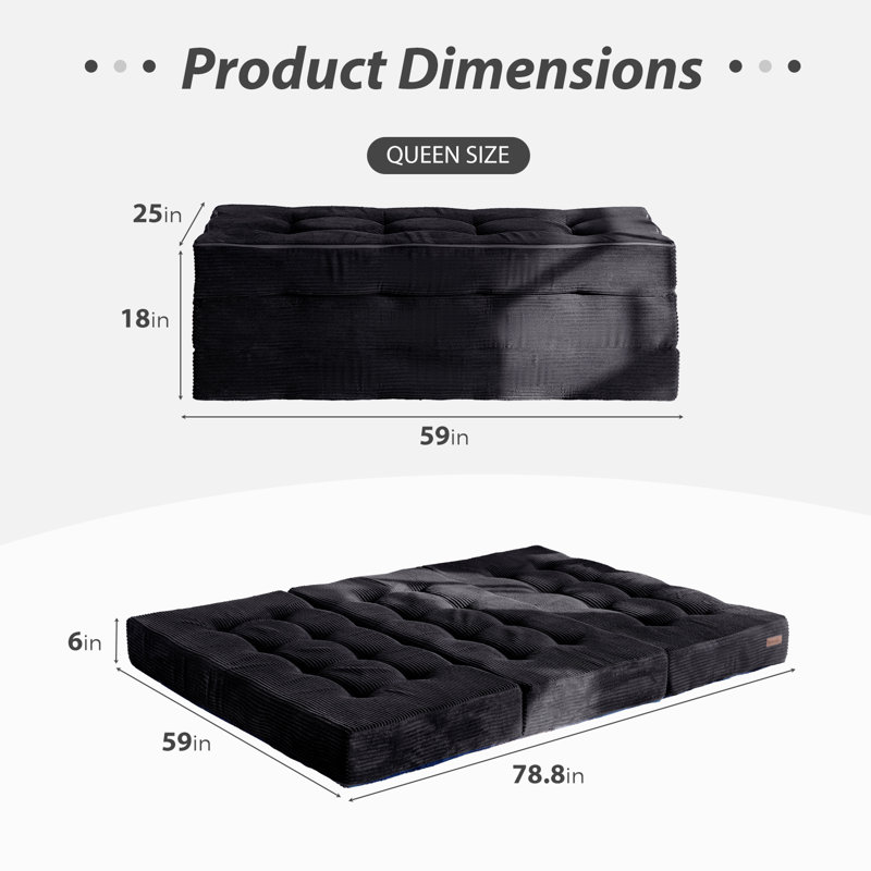 Tri-Fold Velours côtelé 6 po, Noir, Grand lit