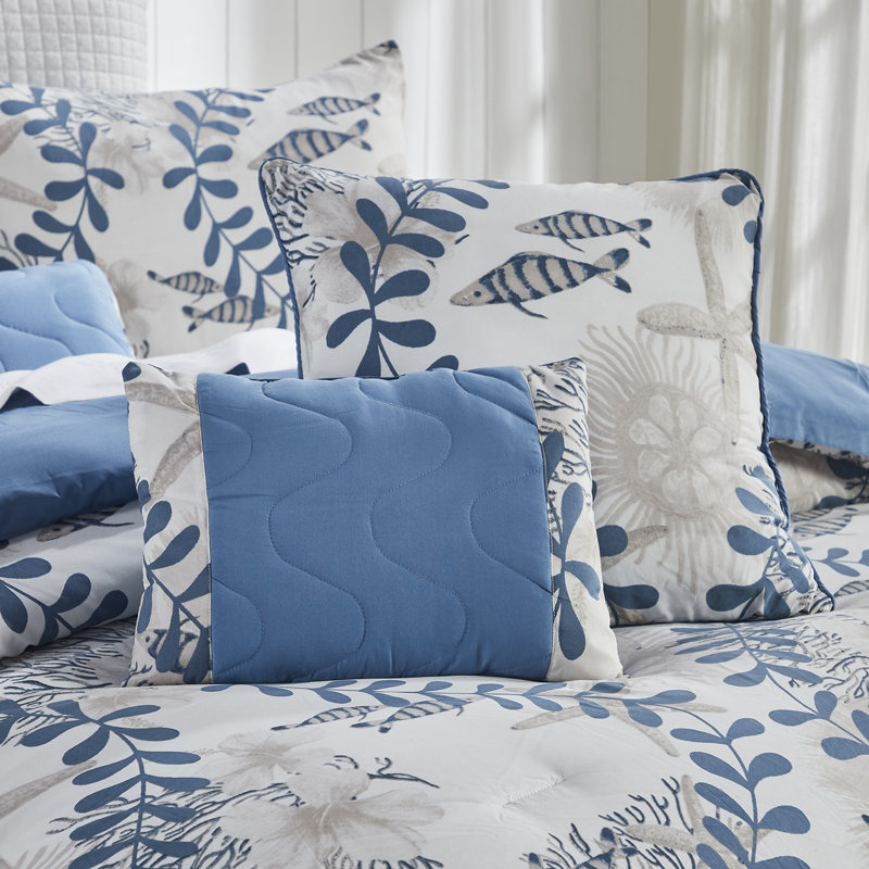 Caspian Blue and White Microfiber Queen Comforter Set with Nautical Design