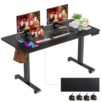 Maurycy 63" Electric Height Adjustable Standing Desk With 4 Casters, 2 Hooks, Big Mouse Pad