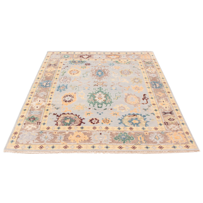 Tapis unique en laine noué à la main gris clair / beige / bleu sarcelle nouvel âge 8 pi 2 po x 9 pi 10 po Teriona