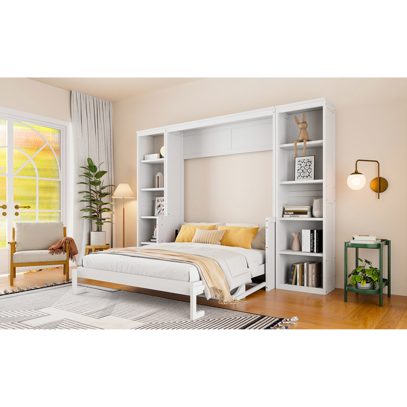 Queen Bed With Desk And Bookshelf, White - Solid Pine Wood & . Space Saving For Bedroom. No Spring Box Needed. Ample Storage Facilities. Foldable Size Book Shelf Trait, Ardent