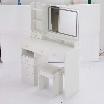 Makeup Vanity Desk With Mirror & LED Lights, Drawer and Stool