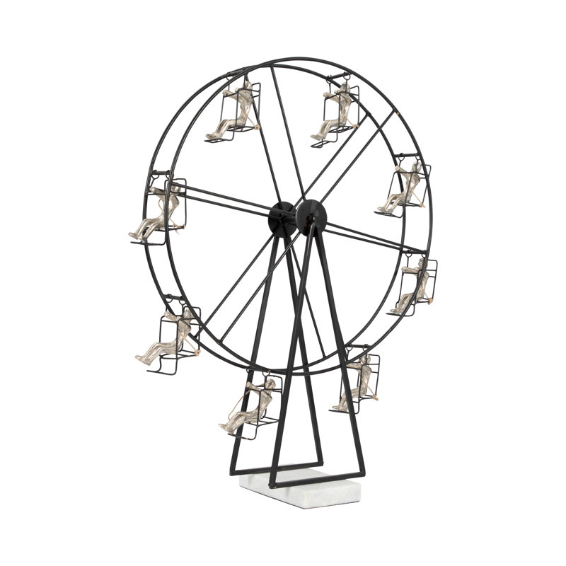 Modern Sculpture Metal and Stone Ferris Wheel Design with Seated Human Figures Home Office Bedroom Living Room Decor - 23" Black