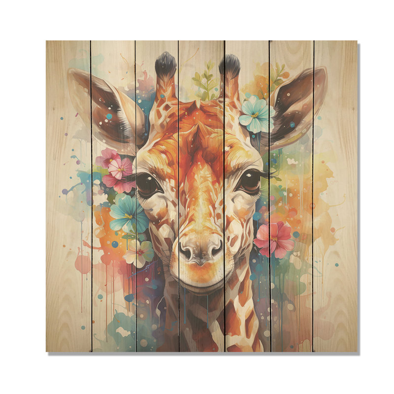 Portrait de girafe à fleurs colorées - girafe sur bois, H 15 po x l 15 po