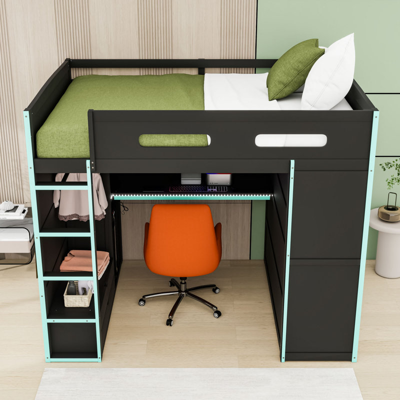 Full Wooden Loft Bed With RGB LED Light, Wardrobe, USB Port And Desk, Cloud Blue