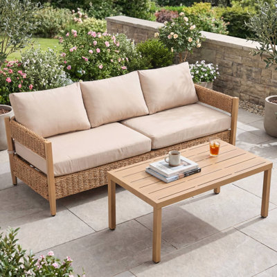 Canapé à trois places en rotin avec table basse, ensembles de mobilier d'extérieur en rotin avec coussins