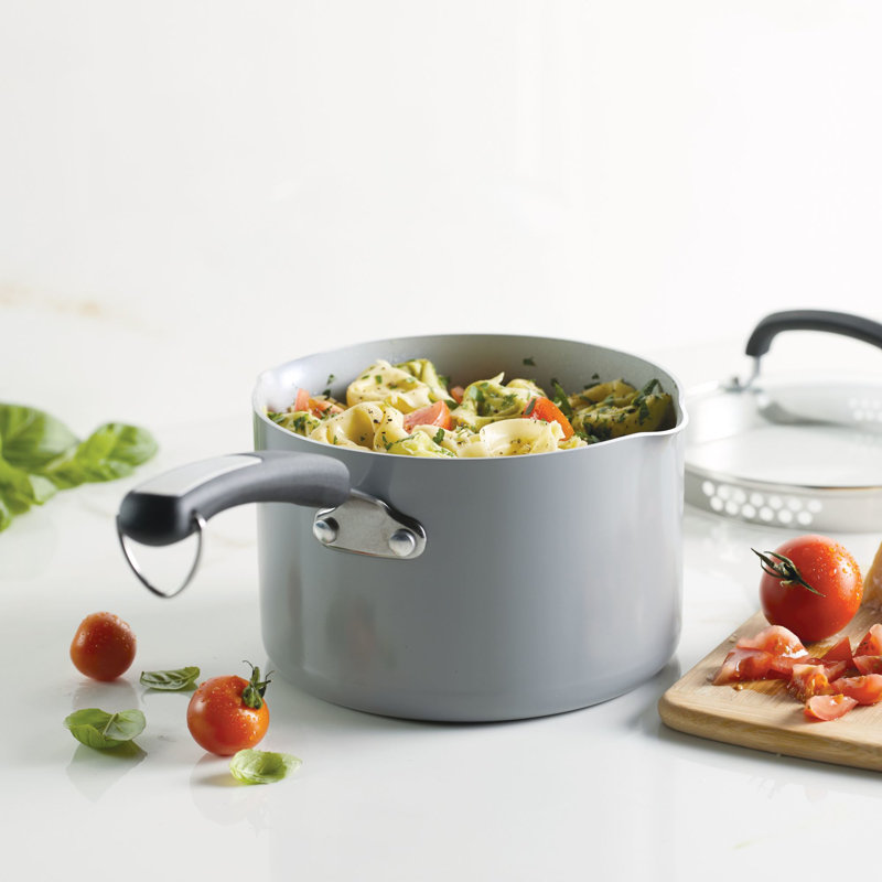 Gray Aluminum Nonstick Saucier with Pour Spout and Lid