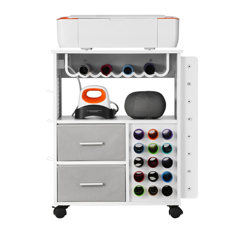 Rolling Craft Cart and Storage Table with 15 Vinyl Roll Holders 2 Drawers White