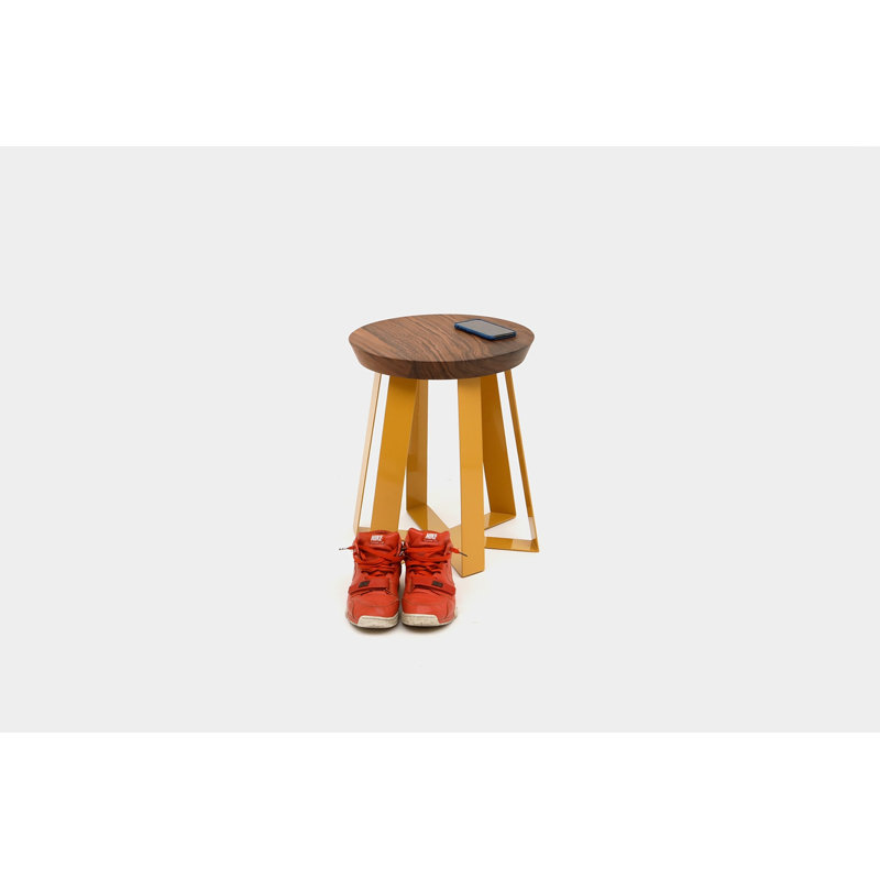 ARS Solid Wood Accent Stool, Yellow Powder-coat, Walnut