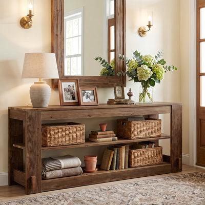Console basse 63 po en bois massif, table de canapé d'entrée étroite avec tablettes de rangement à lattes, table d'appoint rustique pour petits espaces