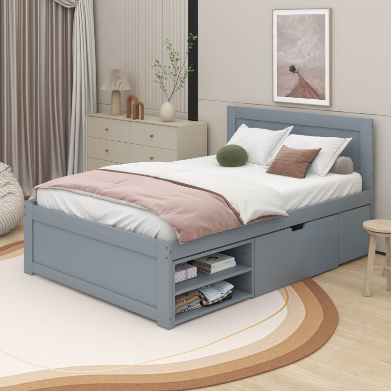 Full Size Platform Bed With Drawer, Gray