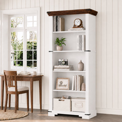 5-Tier Farmhouse Bookcase 61" H Tall, Wooden Bookshelf with one Adjustable Shelves