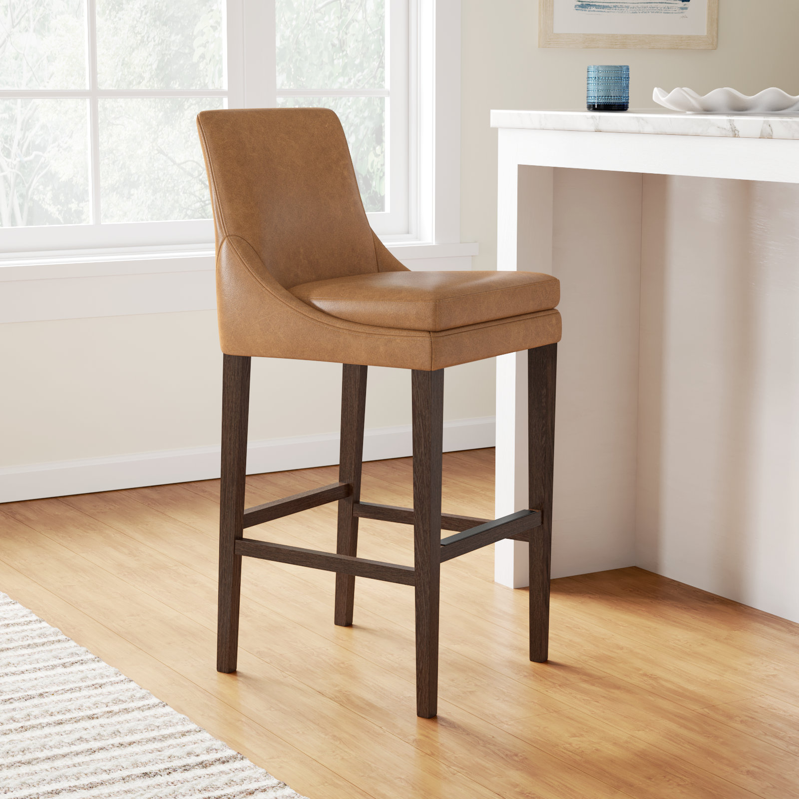 Niara Upholstered Leather Counter & Bar Stool, Bar Stool (30” Seat Height), Copley Camel Faux Leather/Brown