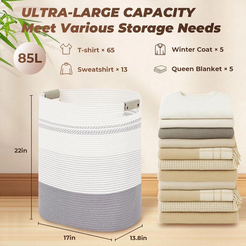 Handcrafted Cotton Laundry Basket With Handles - Stylish Storage Hamper For Blankets, Clothes, And Bedroom Essentials, Tall And Large Design