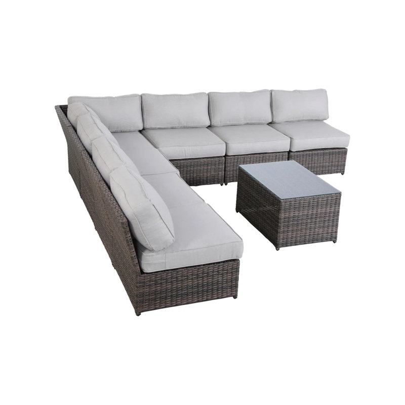 Ensemble de conversation d'extérieur en osier pour 6 personnes avec coussins, entièrement assemblé, Brun, Brun, Brun