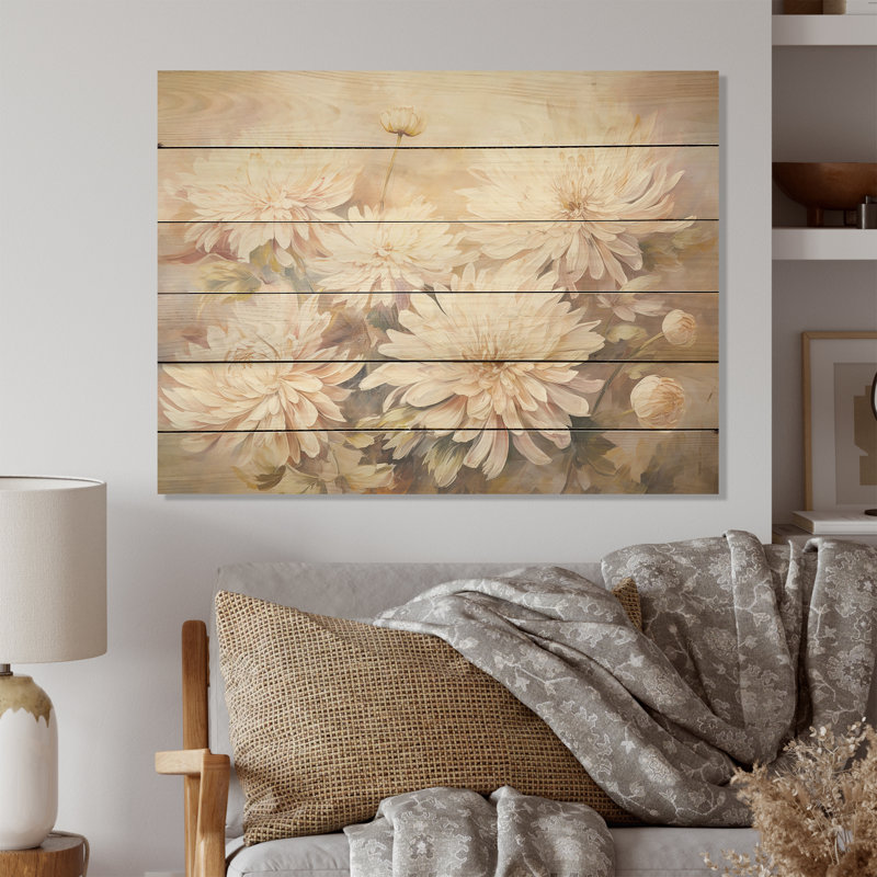 «Beige Chrysanthemums Bloom», art mural en bois sur bois de pin naturel, H 24 po x l 32 po