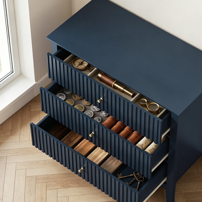 Table de chevet cannelée bleue à 32 tiroirs de 32 po de largeur, table d'appoint de rangement moderne pour grande chambre à coucher, table de bout de chevet escamotable avec boutons pour petits espaces