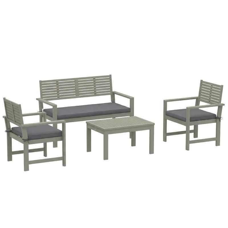 4 Seater Light Grey Acacia Wood Garden Sofa Set with Loveseat, 2 Armchairs and Slatted Coffee Table, Grey, Grey