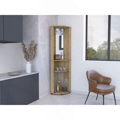 Armoire de bar en coin à miroir H 75 po Chicago, avec portes en verre, deux tablettes et verres à pied
