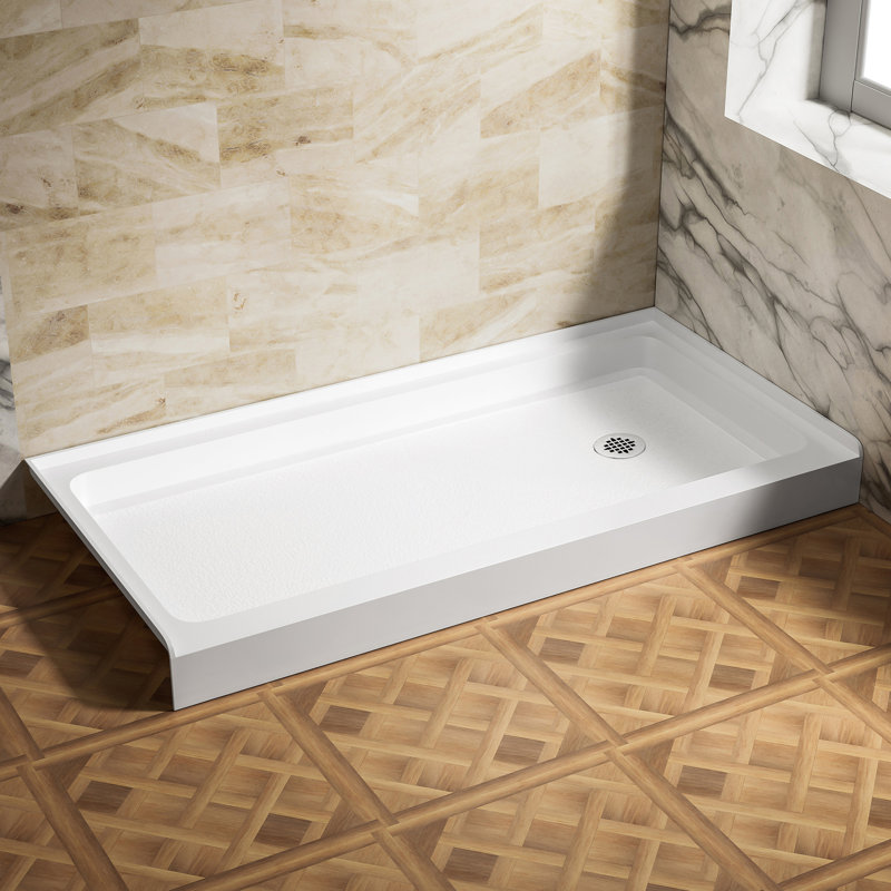 Base de douche en acrylique de 60 po L x 30 po avec drain à droite, bac de douche rectangulaire à seuil simple, plancher antidérapant blanc