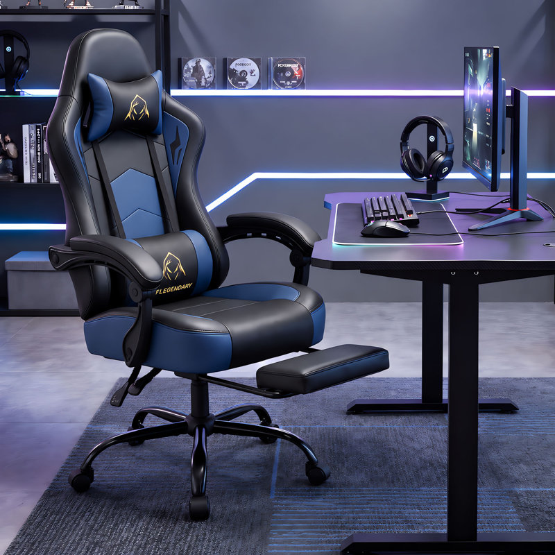 Ergonomic Gaming Chair with Footrest, Linkage Armrests and Faux Suede or Faux Leather, Blue, Faux Leather