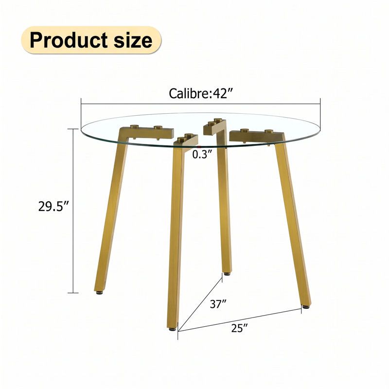 Modern Round Tempered Glass Dining Table, 29.5" H x 36" W x 36" D, Gold