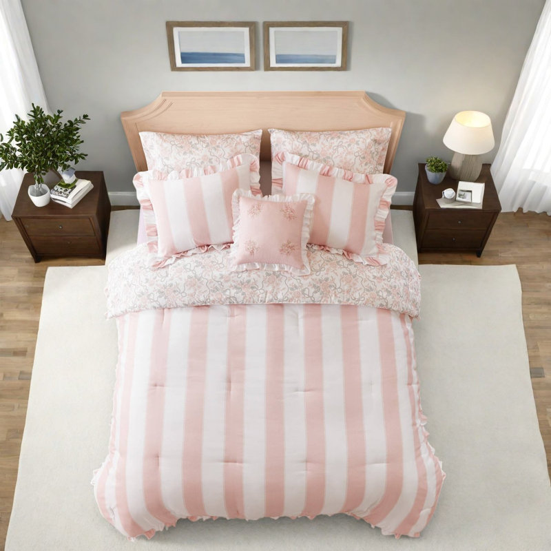 -Piece Full/Queen Bedding Sets, Pink Microfiber Ruffle Toile Floral Home