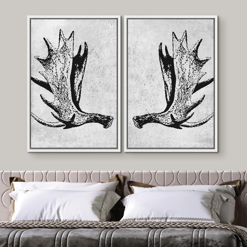 Formes abstraites de bois de cerf orignal noir et blanc, art moderne, décoration murale minimaliste, nordique, 2 pièces