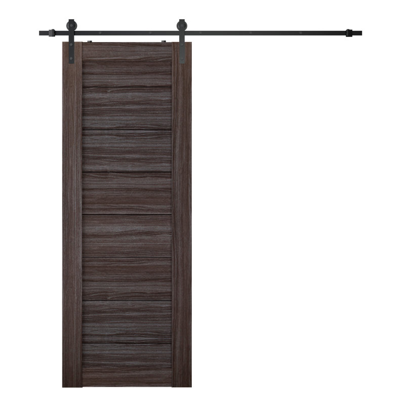 Porte de grange en bois manufacturé massif Ermi avec trousse de quincaillerie d'installation, Chêne gris