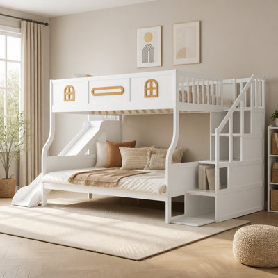 Lit double superposé au-dessus de grand lit double avec glissière et escalier de rangement, blanc