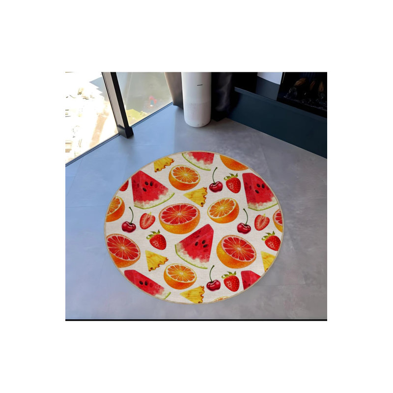 Multicolored Watermelon Cherry And Orange Patterned Round Woven Base Modern Decorative Carpet, Round 2'8"