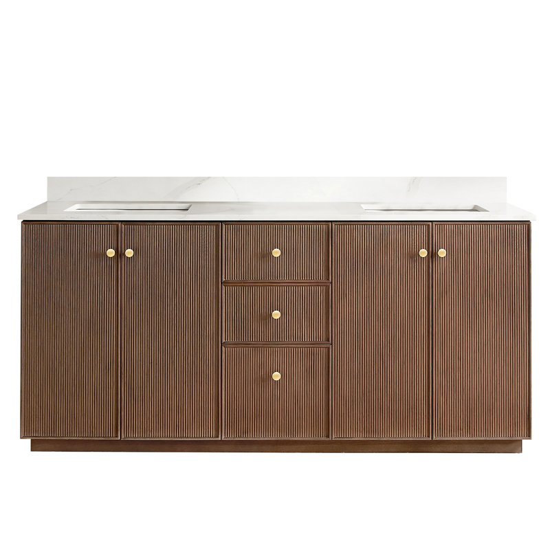 Amella 72'' Free Standing Double Bathroom Vanity with Quartz Top, Dark Brown Oak